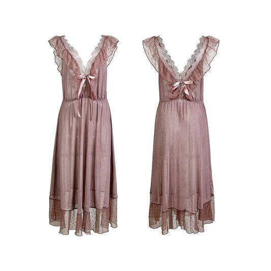 Silky pink sexy polka dot babydoll nightgown with lace details and ruffled sleeves