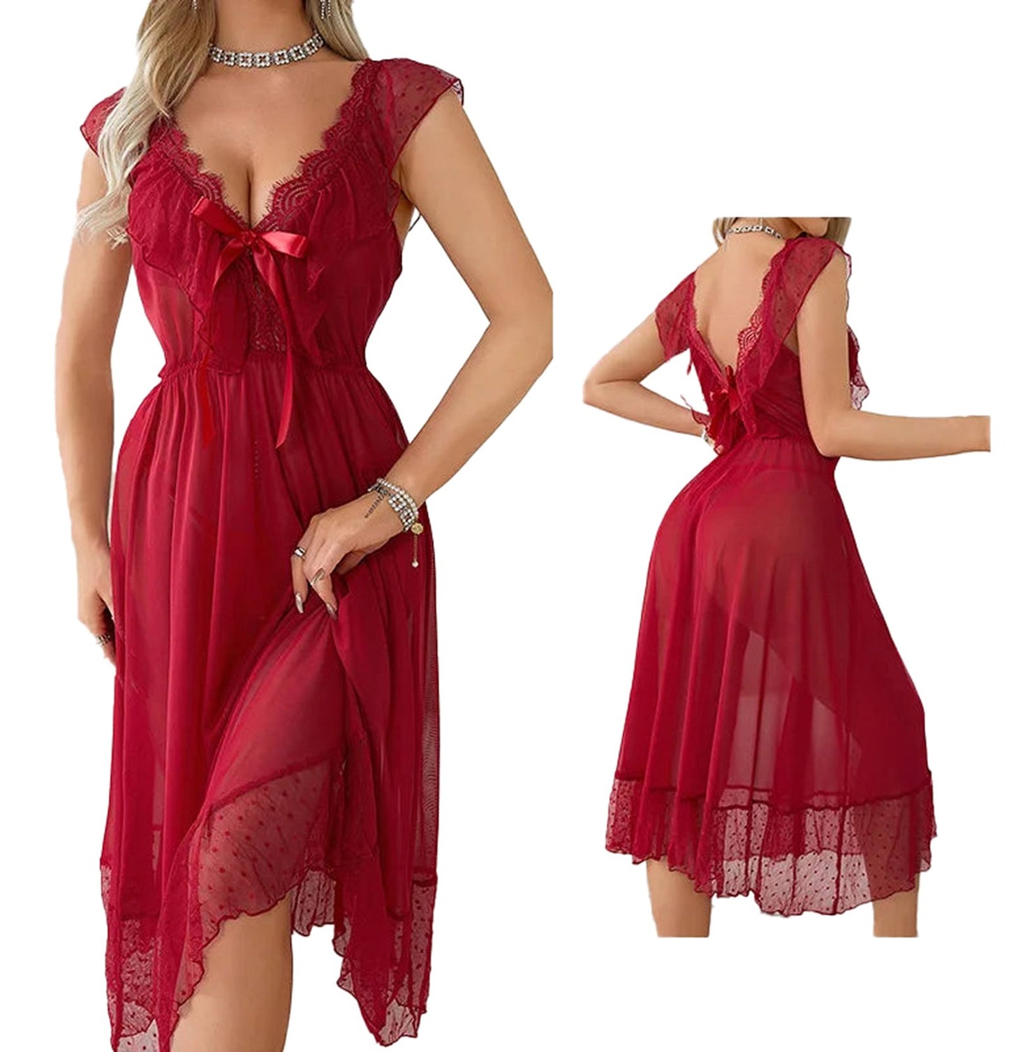 Sexy polka dot babydoll nightgown in red with lace trim and ribbon detail for romantic evenings