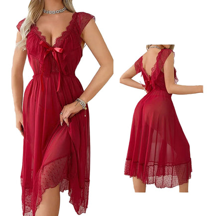 Sexy polka dot babydoll nightgown in red with lace trim and ribbon detail for romantic evenings