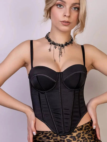 Sleek black corset top for women, showcasing style and elegance, perfect for pairing with outfits.