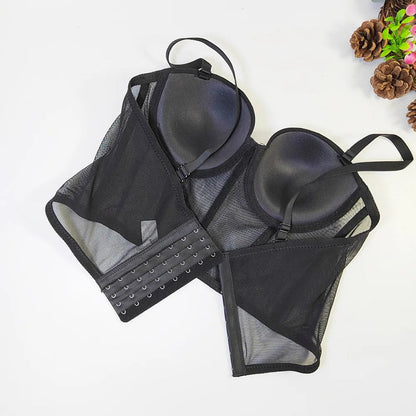 Sexy red corset top for women featuring a sheer design and adjustable straps