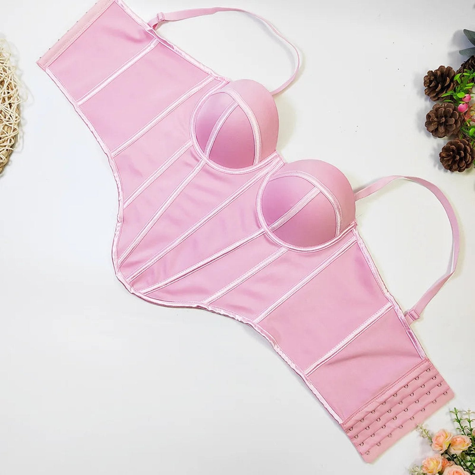 Pink lace detailed sexy red corset top for women with adjustable straps and structured cups