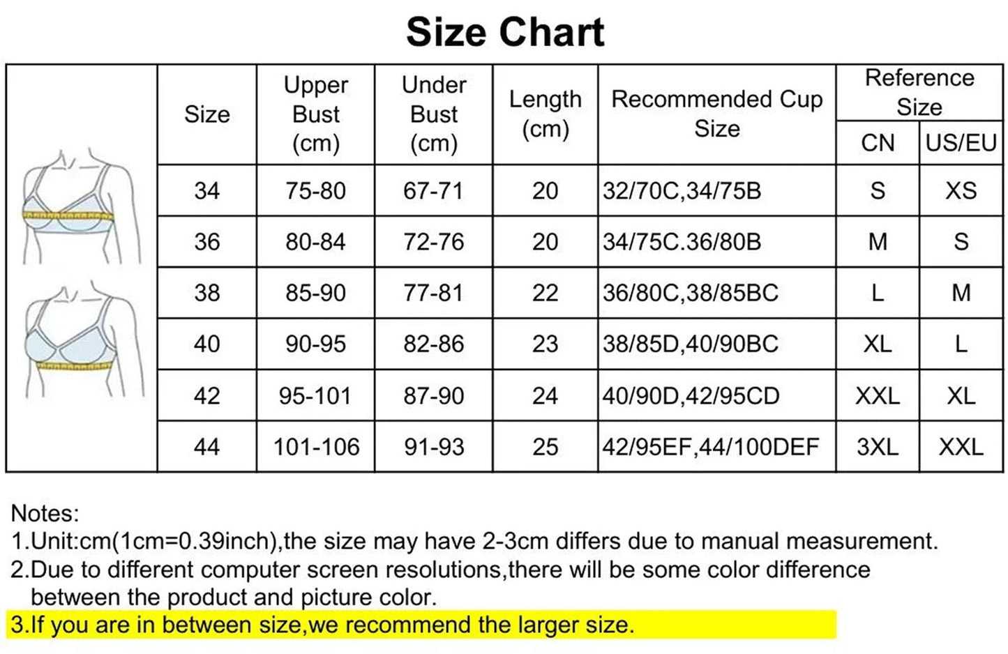 Size chart for sexy red corset top for women, showing measurements for upper bust and length