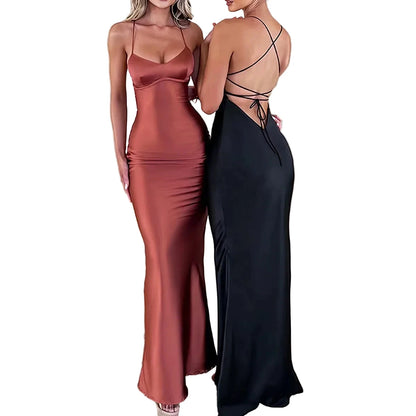 Two models wearing sexy satin evening gowns in rust and black with sleek designs and flattering fits