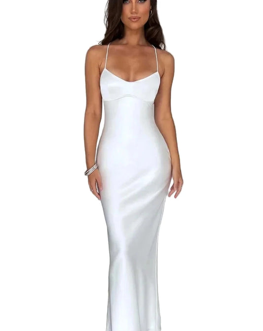 Elegant white sexy satin evening gown with adjustable straps for glamorous occasions