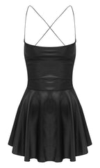 Black sexy satin mini dress for women with spaghetti straps and flared skirt