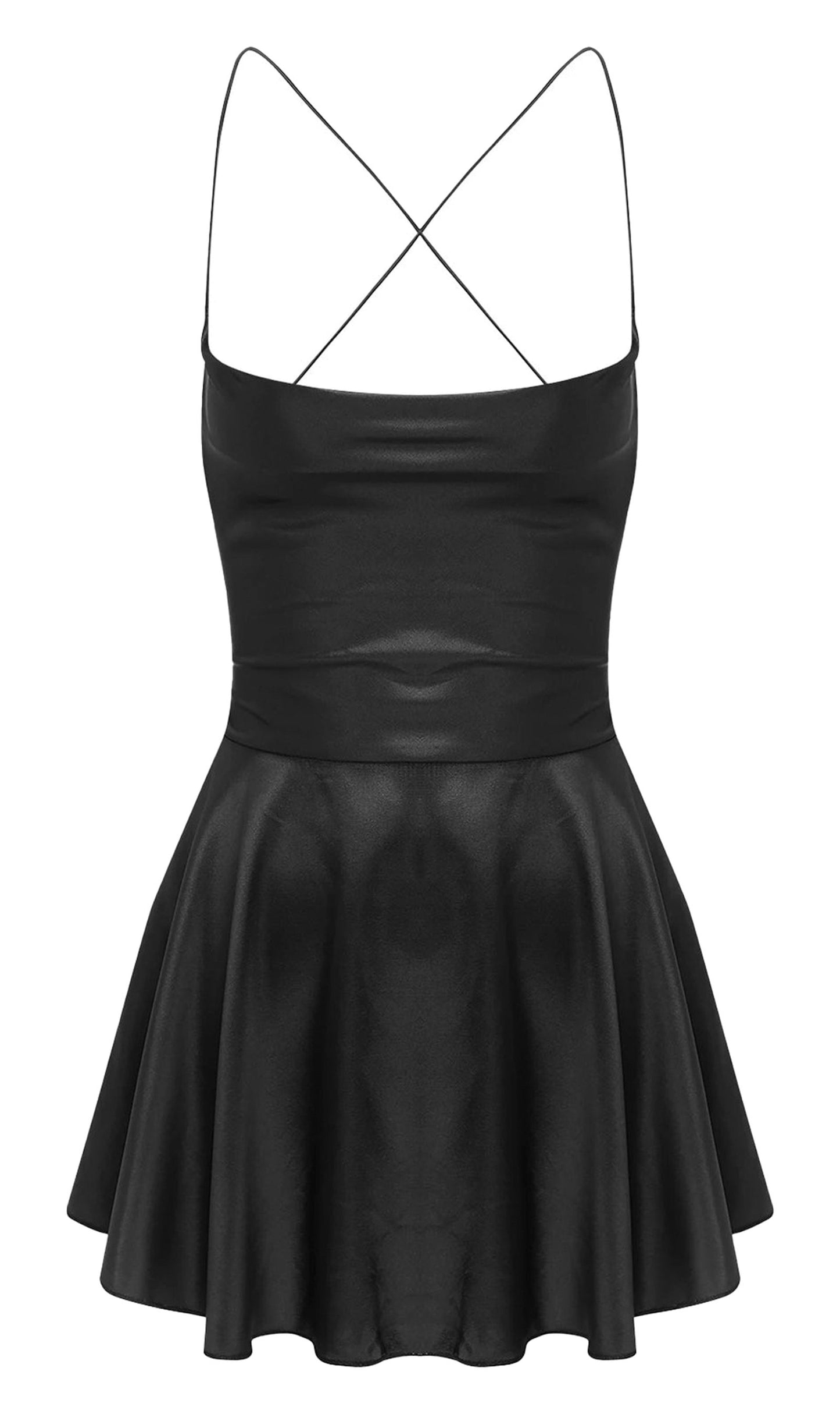 Black sexy satin mini dress for women with spaghetti straps and flared skirt