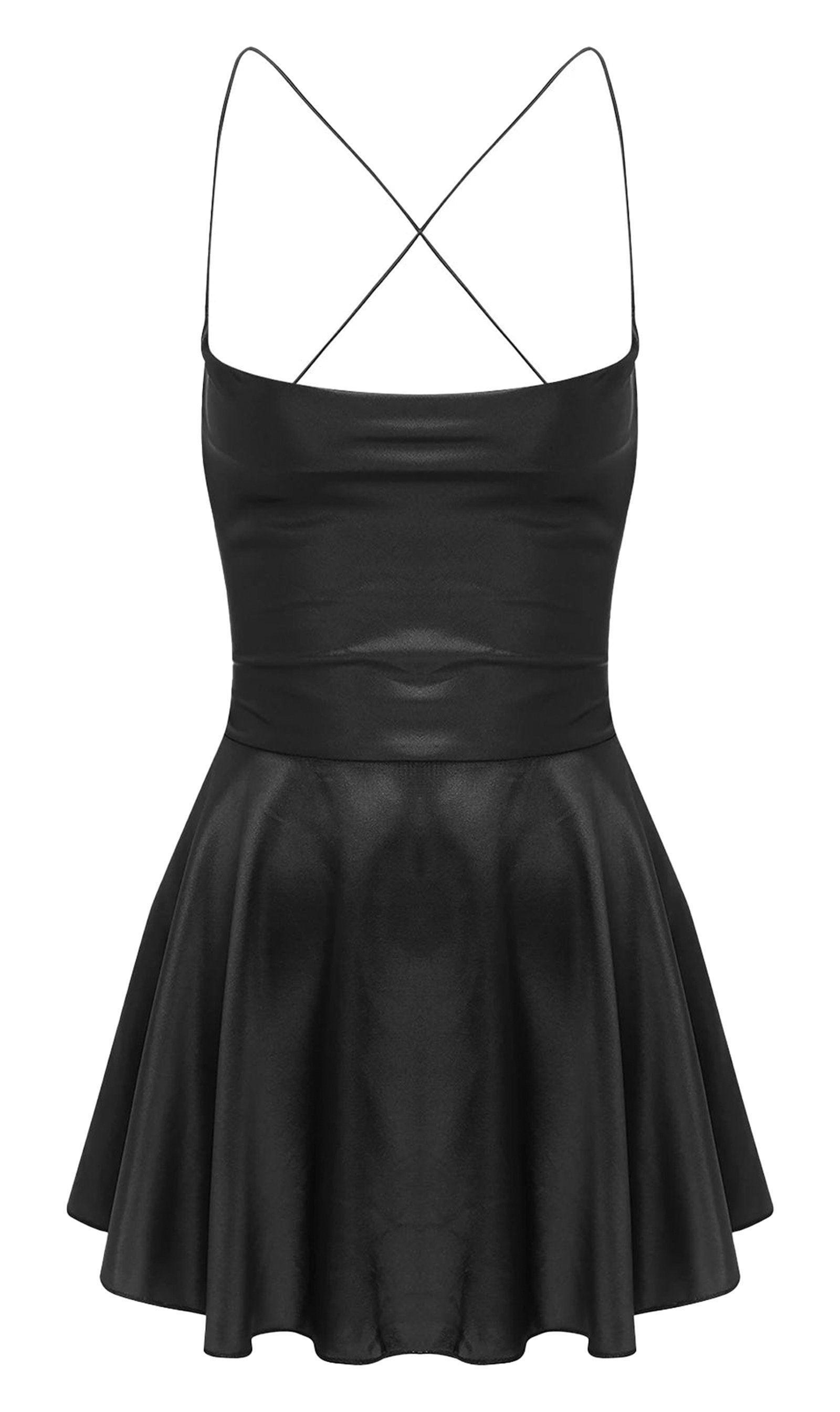 Black sexy satin mini dress for women with spaghetti straps and flared skirt