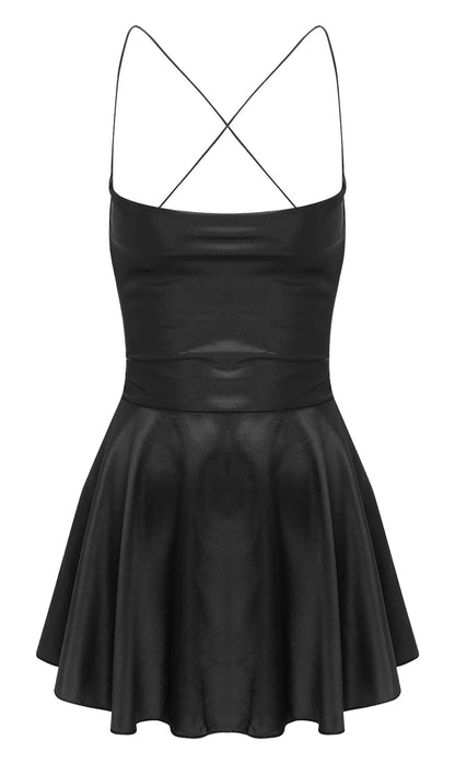 Black sexy satin mini dress for women with spaghetti straps and flared skirt