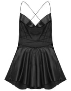 LuckeLadybug LLC sexy satin mini dress for women with adjustable spaghetti straps and flared skirt