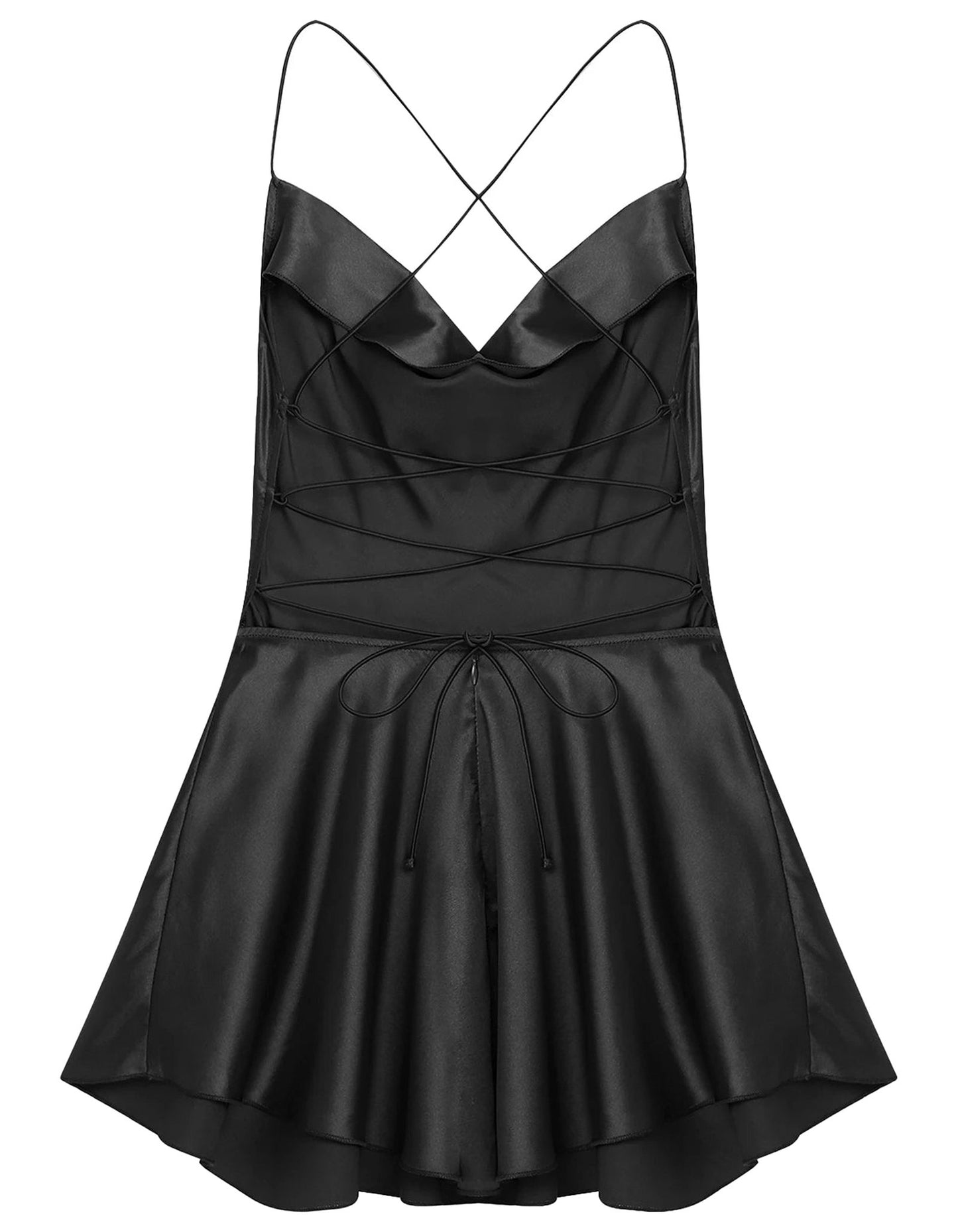 LuckeLadybug LLC sexy satin mini dress for women with adjustable spaghetti straps and flared skirt