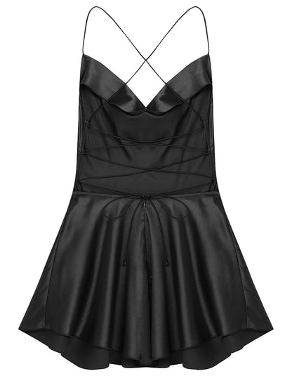 LuckeLadybug LLC sexy satin mini dress for women with adjustable spaghetti straps and flared skirt