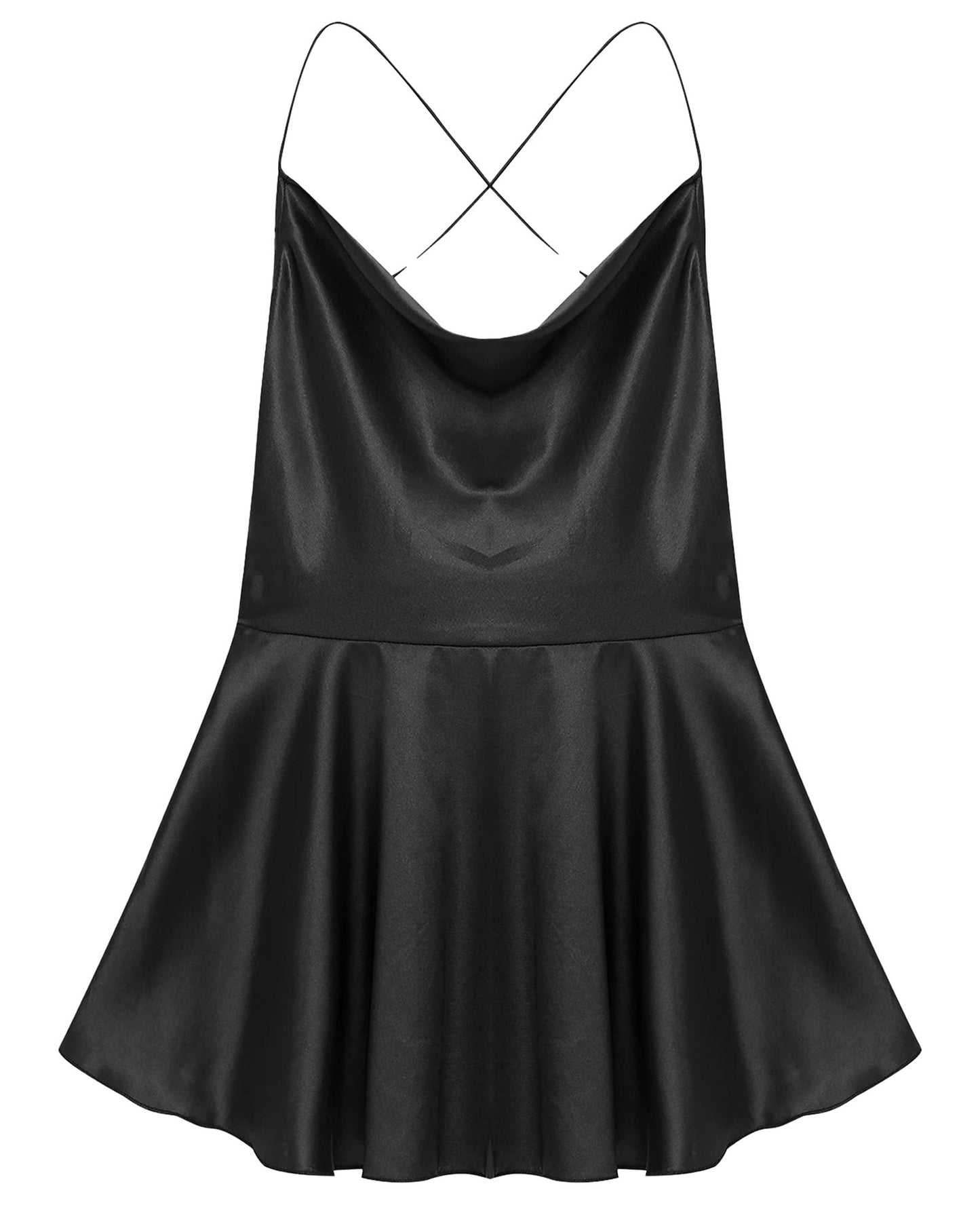 Sexy satin mini dress for women with a flared skirt and crisscross back detail