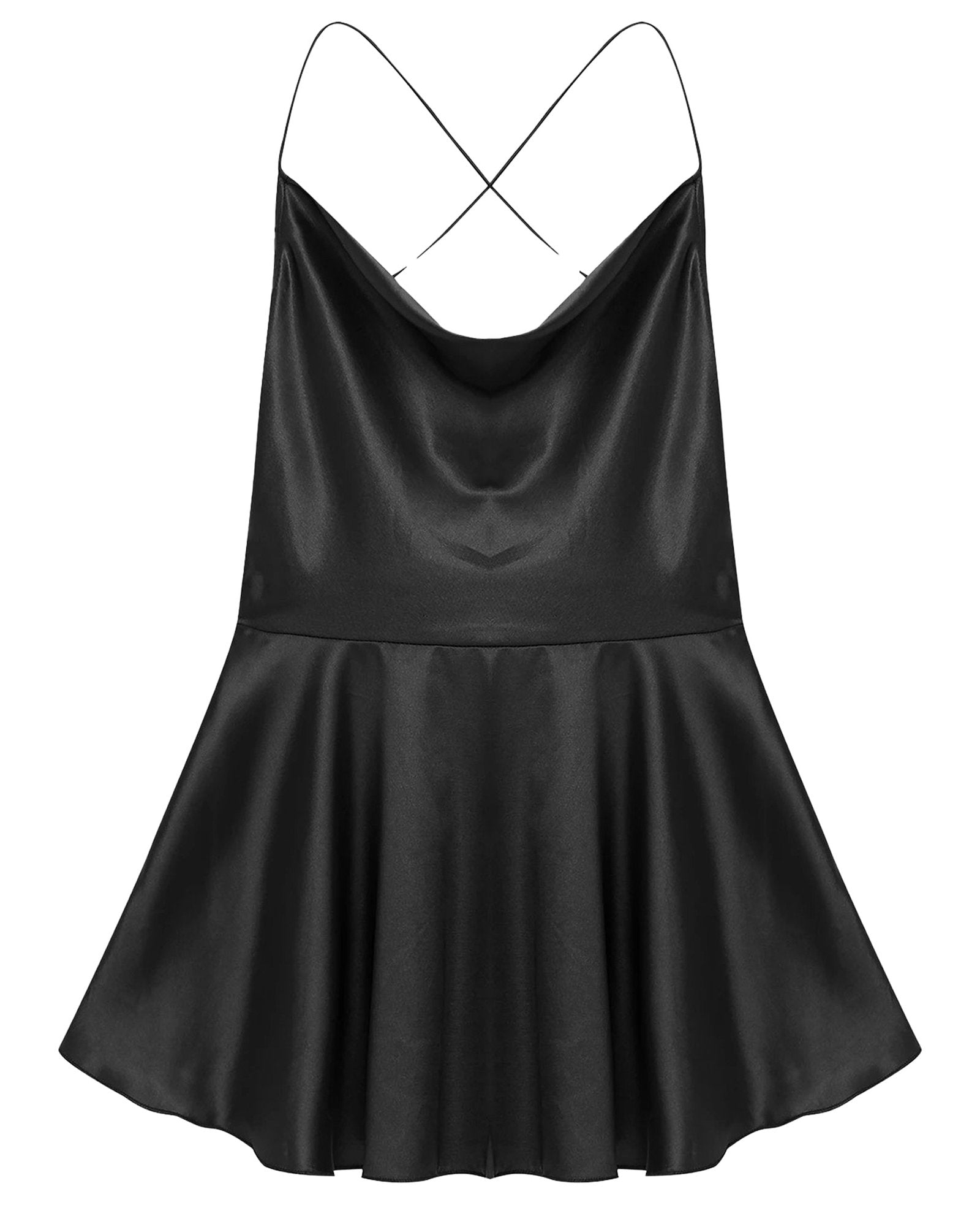 Sexy satin mini dress for women with a flared skirt and crisscross back detail