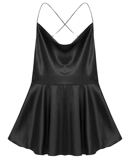 Sexy satin mini dress for women with a flared skirt and crisscross back detail