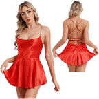 LuckeLadybug sexy satin mini dress for women in red with spaghetti straps and flared skirt