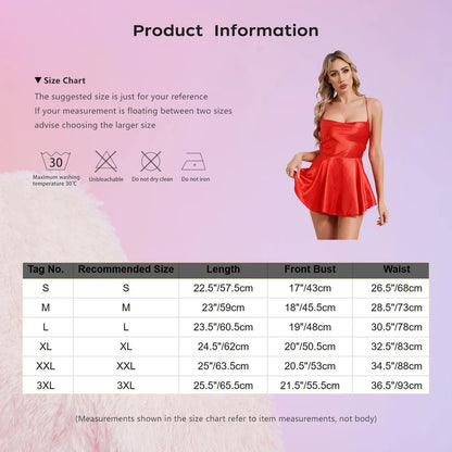 LuckeLadybug LLC sexy satin mini dress for women with size chart and model wearing red dress