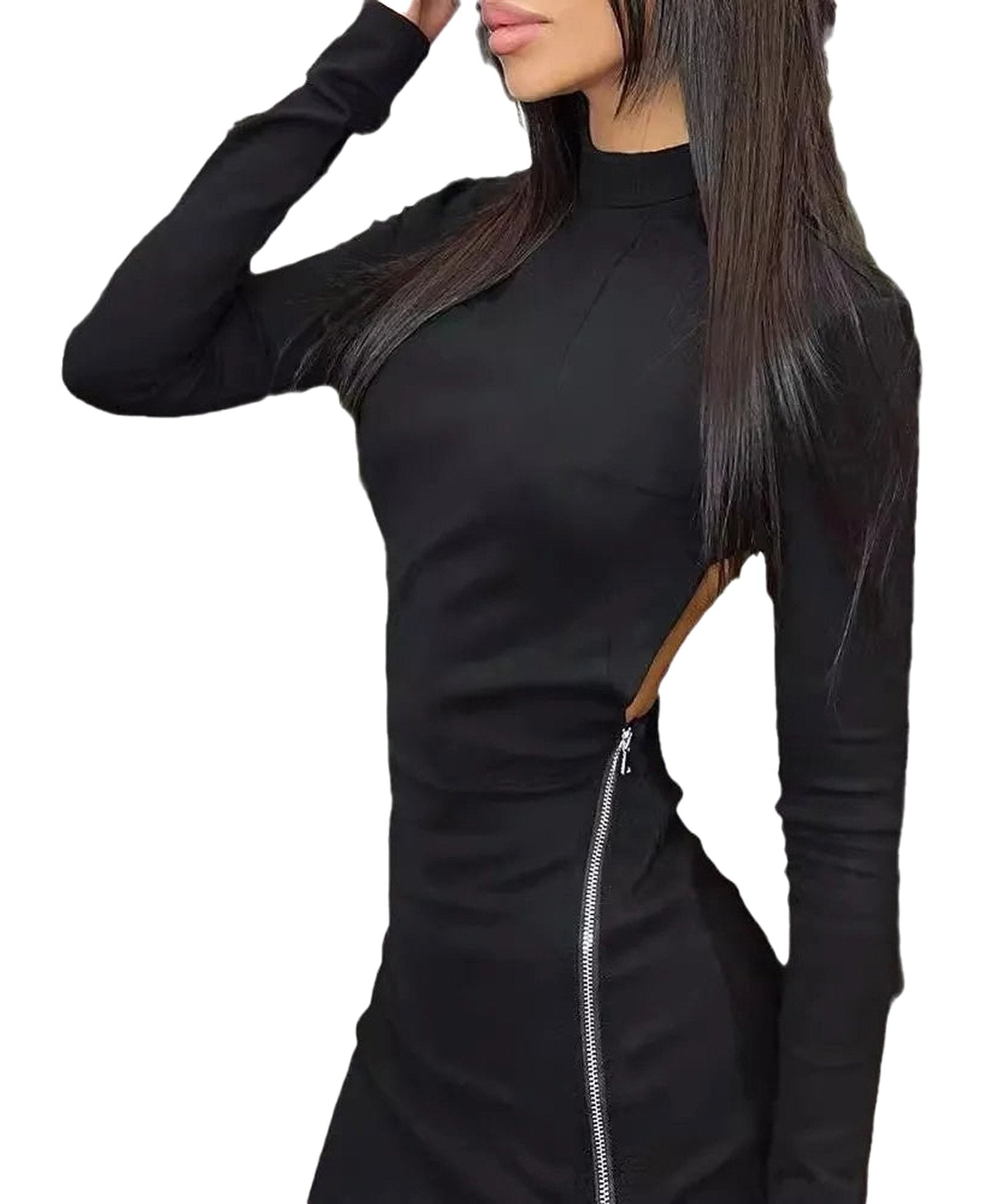 Black sexy sheath dress for women with long sleeves and a stylish side zipper