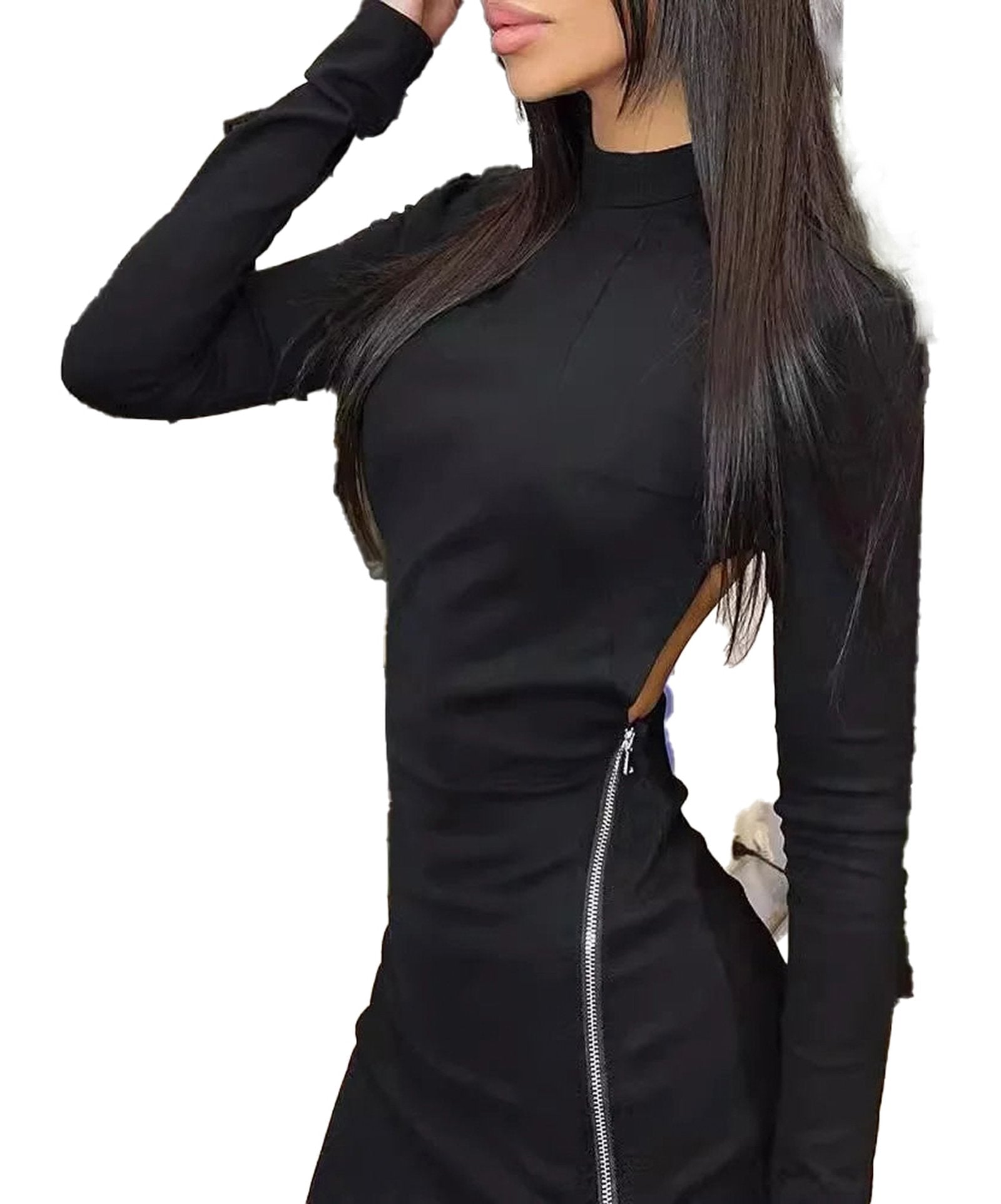 Stylish black sexy sheath dress for women with long sleeves and side zipper detail
