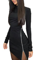 Black long sleeve sexy sheath dress for women with unique side zipper detail