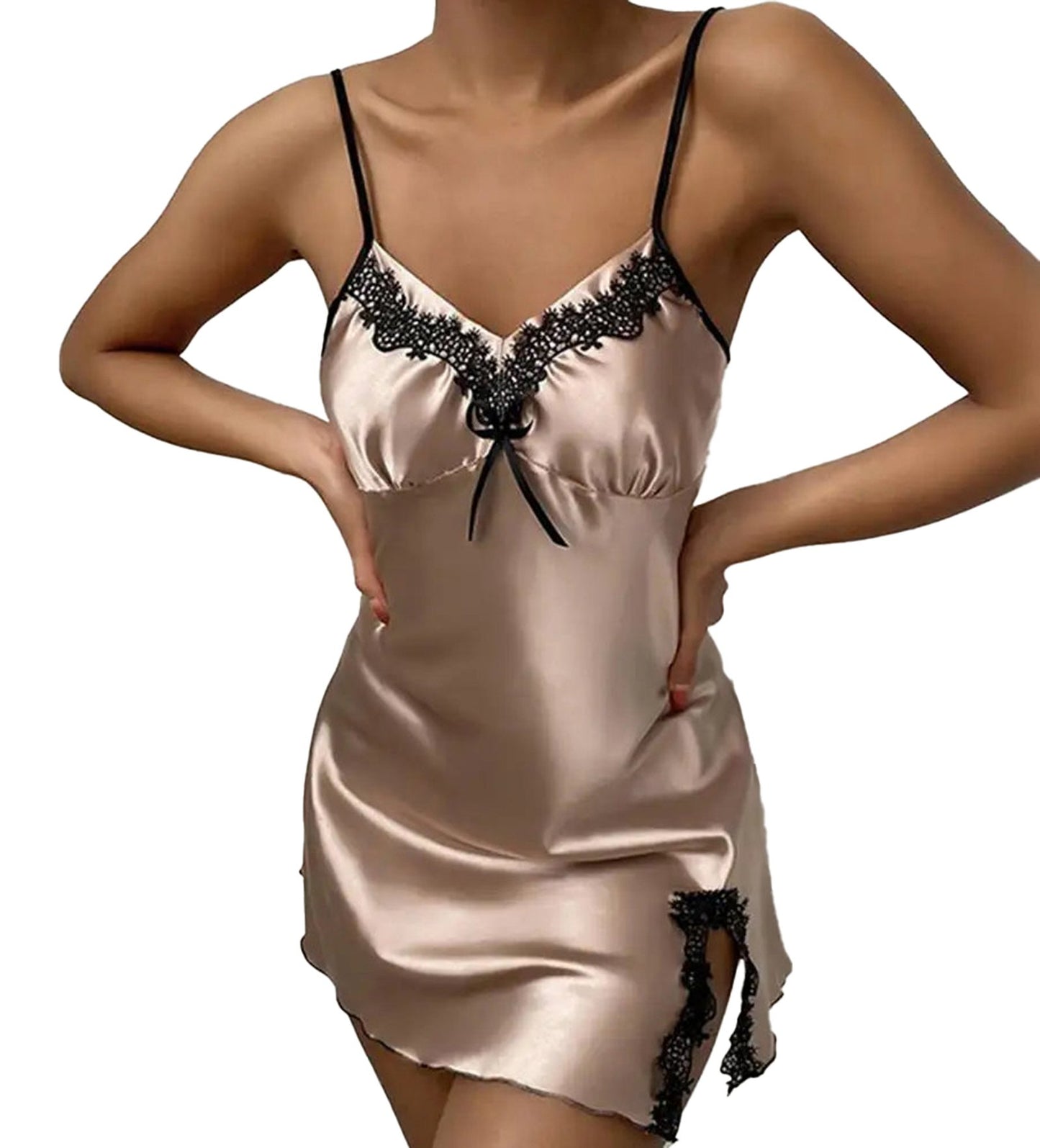 Elegant LuckeLadybug sexy silk nightdress for women with lace details and adjustable straps