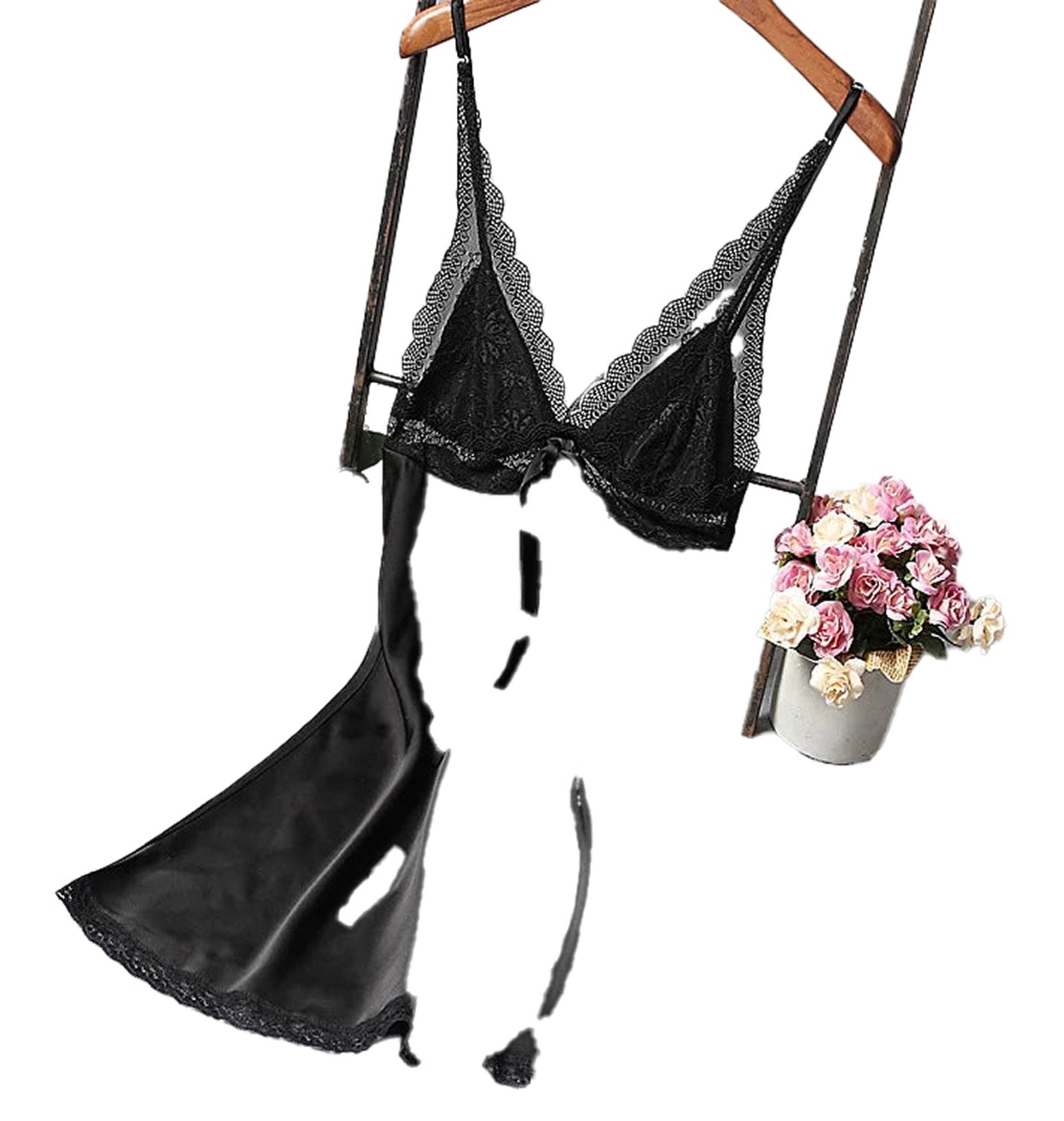 LuckeLadybug sexy silk satin nightgown in black with lace trim details and a flowy design