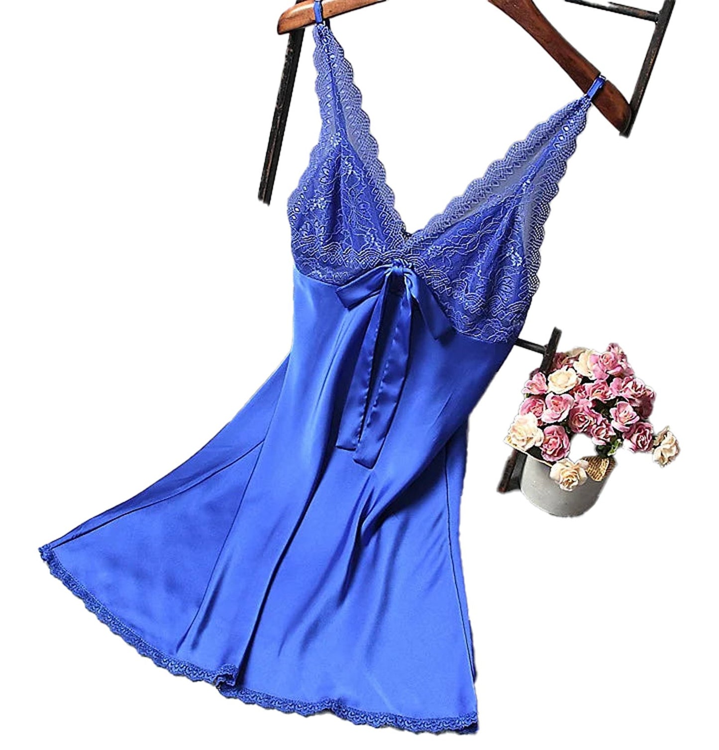 Blue LuckeLadybug sexy silk satin nightgown with lace detailing and a flattering fit
