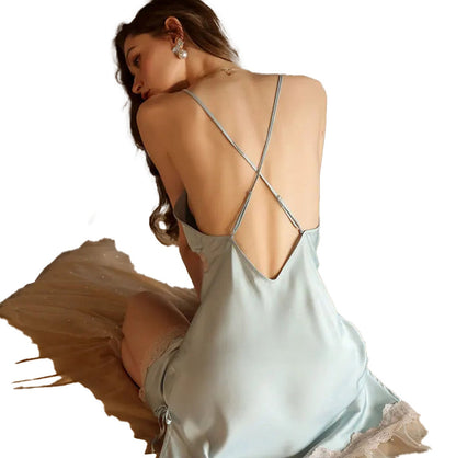 Elegant back view of a sexy silk satin nightgown by LuckeLadybug LLC with delicate straps