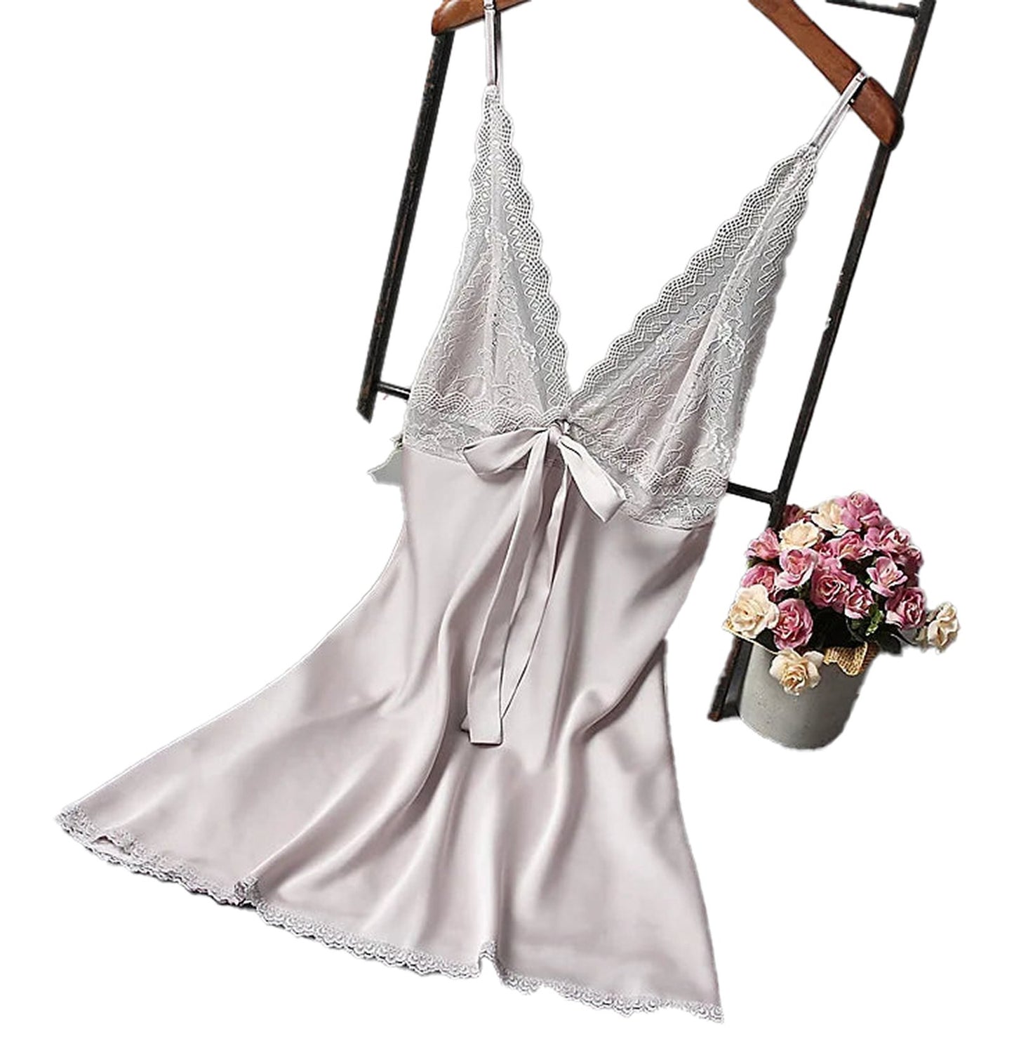 LuckeLadybug LLC sexy silk satin nightgown in soft pink with lace trim and adjustable straps