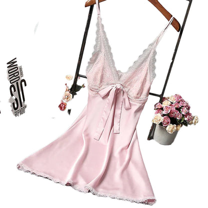 LuckeLadybug LLC sexy silk satin nightgown in soft pink with delicate lace trim and bow detail