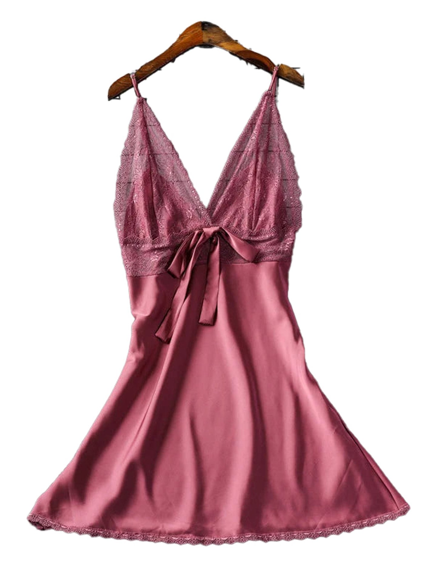 LuckeLadybug LLC sexy silk satin nightgown in soft pink with lace detailing and adjustable straps