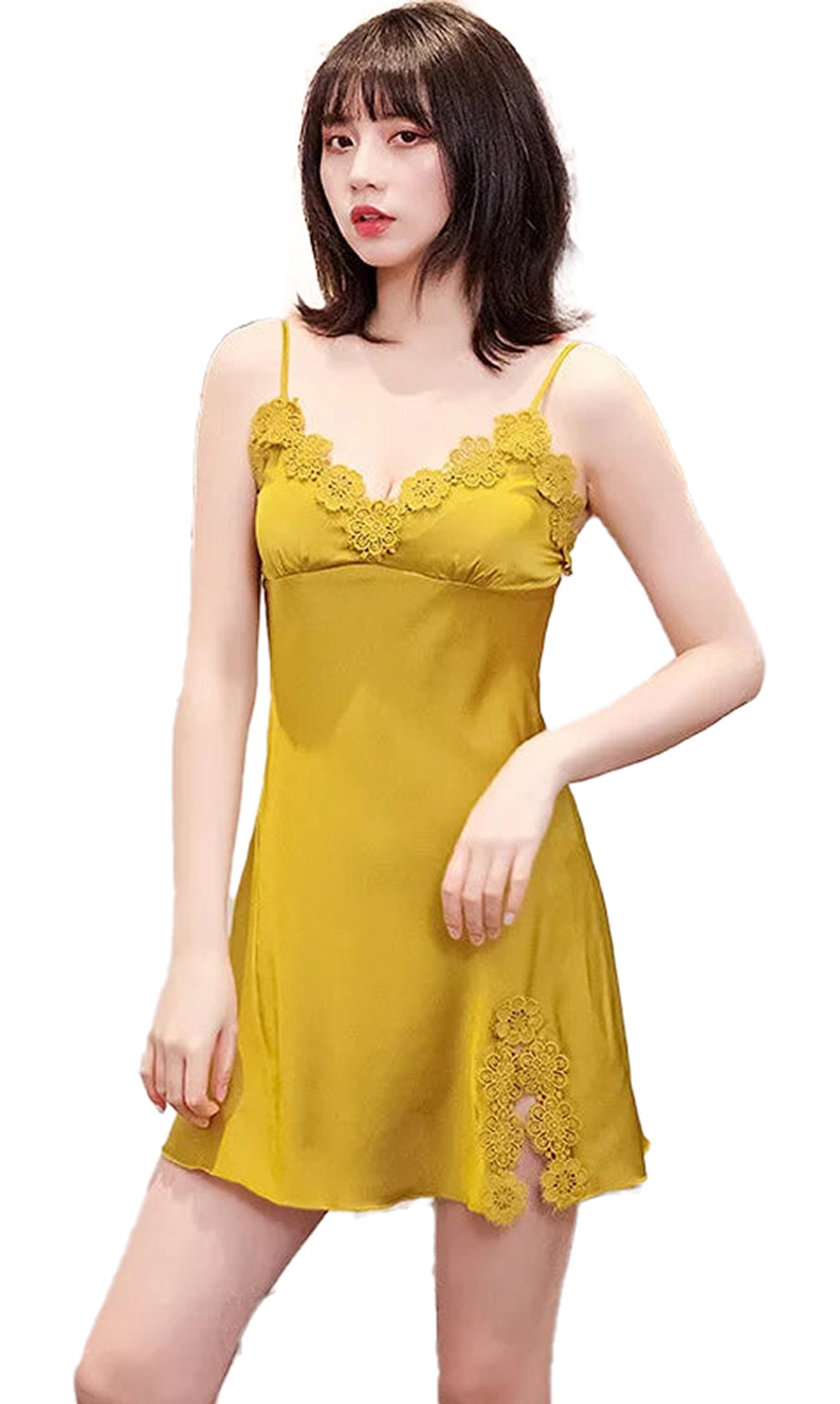 Yellow Babydoll from LuckeLadybug LLC featuring a lace trim, designed as a sexy silk satin nightgown