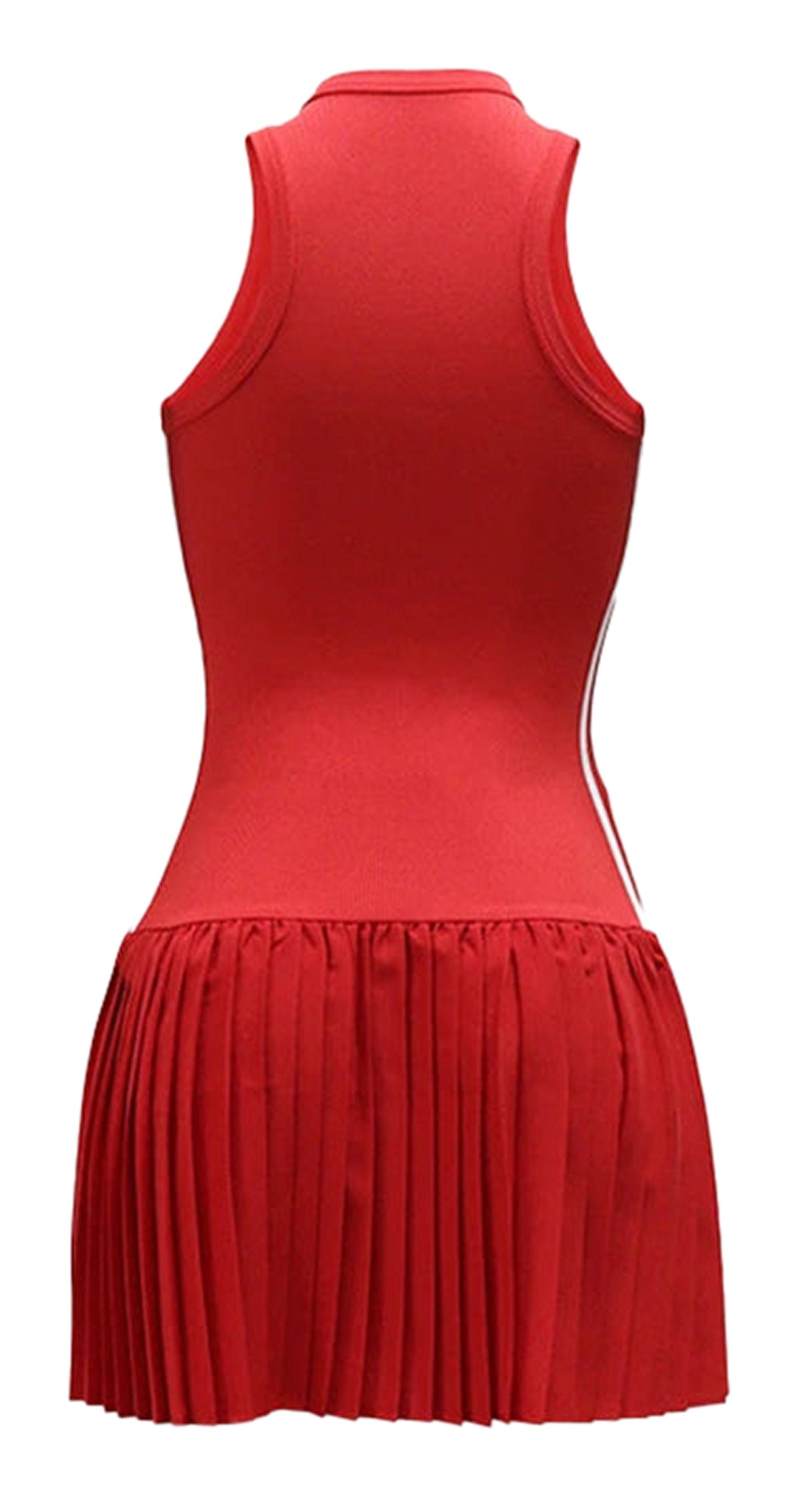 Back view of a red sexy sleeveless mini dress for women with pleated hem and sporty design