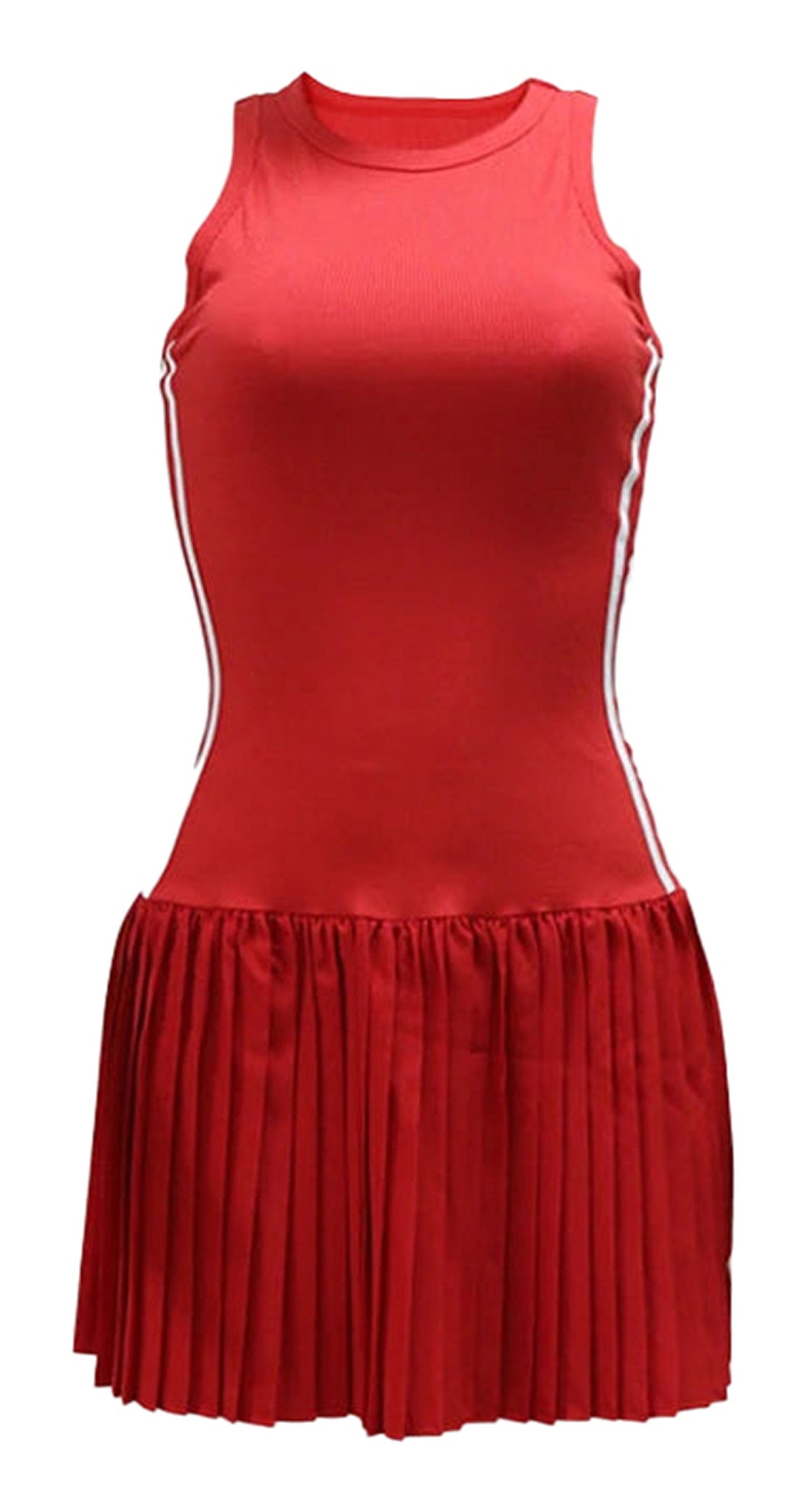 Red sexy sleeveless mini dress for women with pleated skirt design and stylish side stripes
