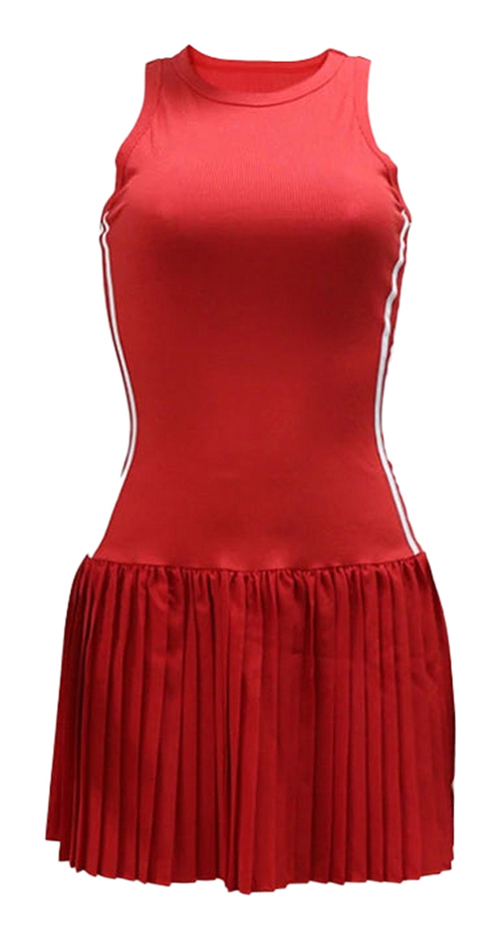 Red sexy sleeveless mini dress for women with pleated skirt design and stylish side stripes