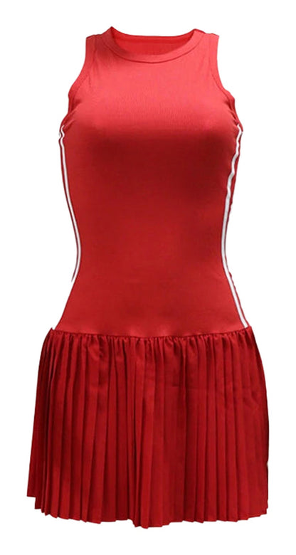 Red sexy sleeveless mini dress for women with pleated skirt design and stylish side stripes