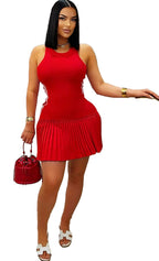 Bright red sexy sleeveless mini dress for women with pleated skirt and stylish accessories