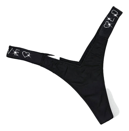 Black sexy thong for women with rhinestone detailing for a stylish and alluring look
