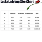 LuckeLadybug size chart for bikini with measurements in cm and inches for sexy two-piece swimsuit sizes S to 2XL