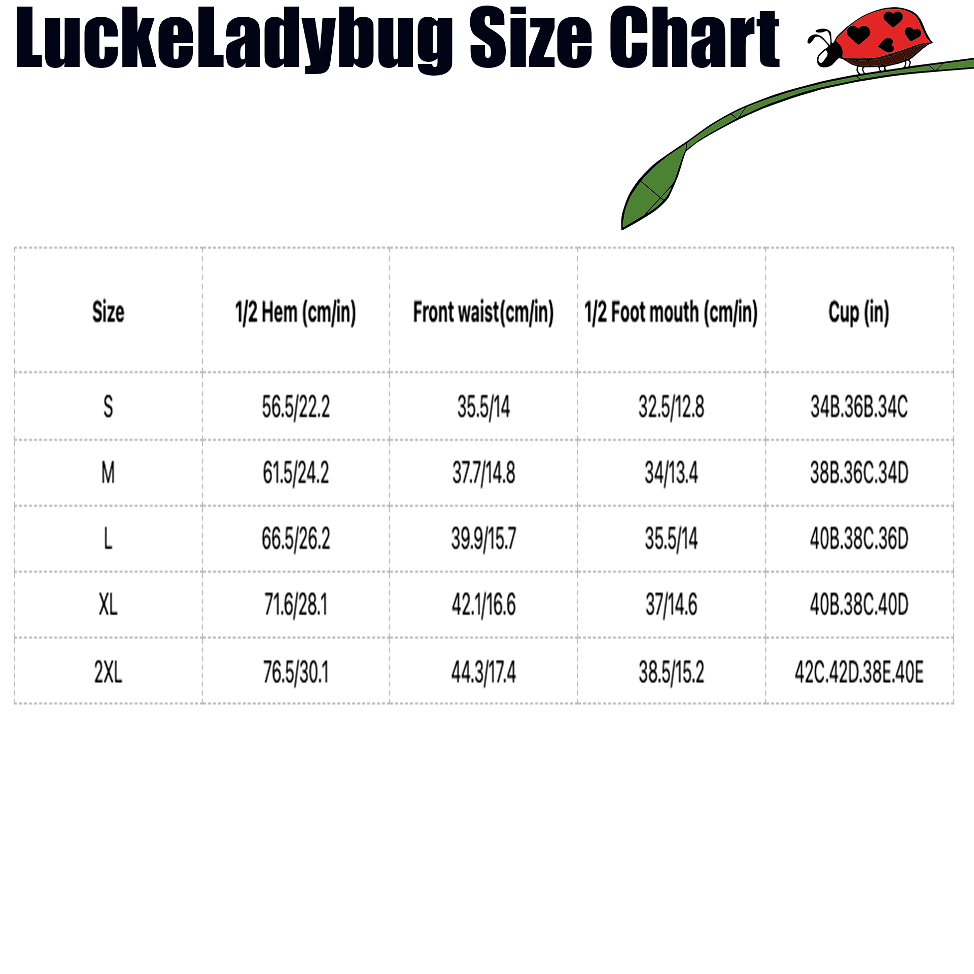 LuckeLadybug size chart for bikini with measurements in cm and inches for sexy two-piece swimsuit sizes S to 2XL