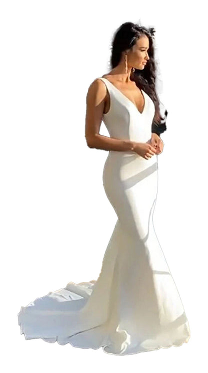 LuckeLadybug LLC sexy v neck mermaid wedding dress featuring a sleek silhouette and elegant train