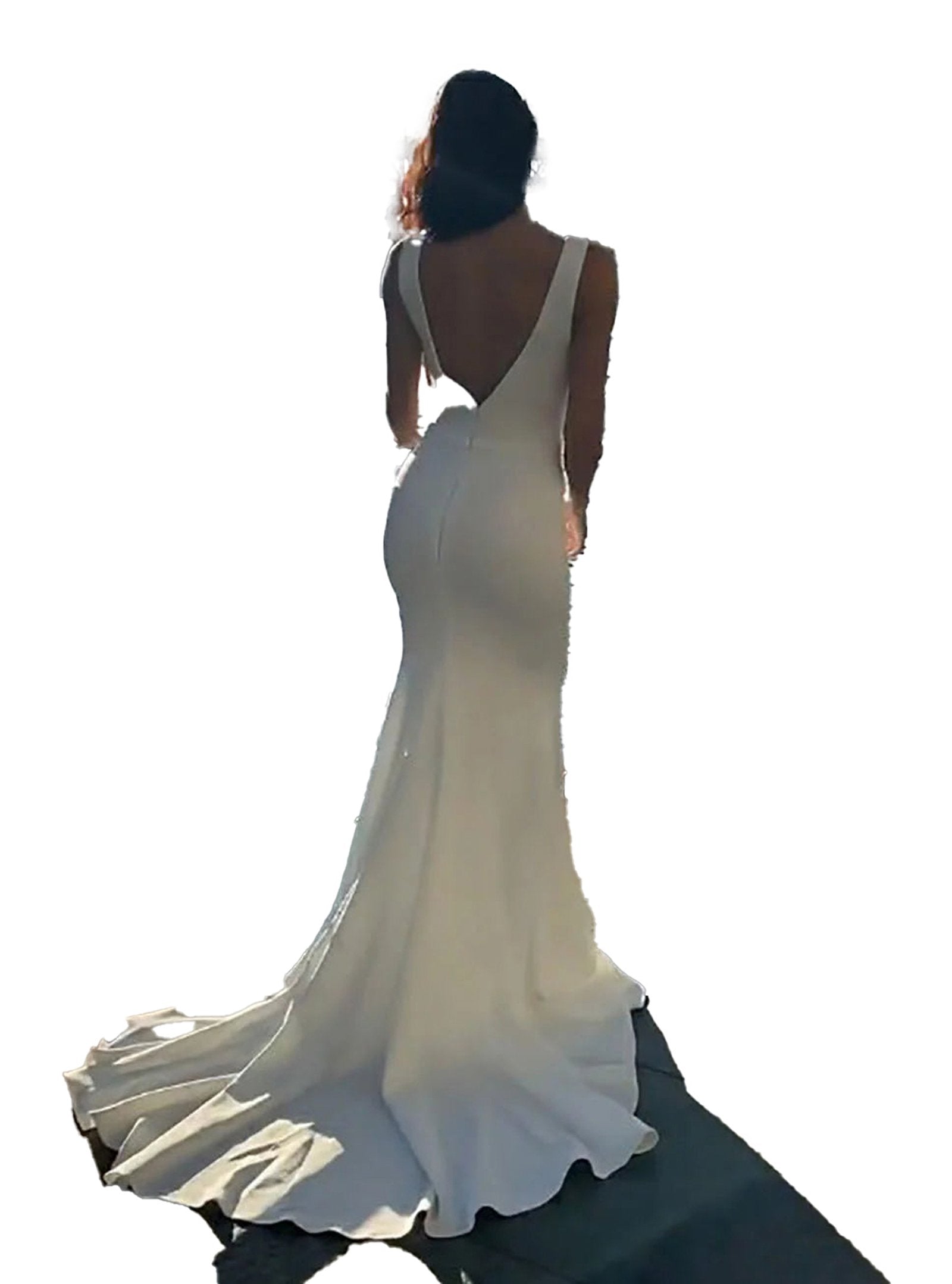 Elegant sexy v neck mermaid wedding dress with a dramatic train and open back design