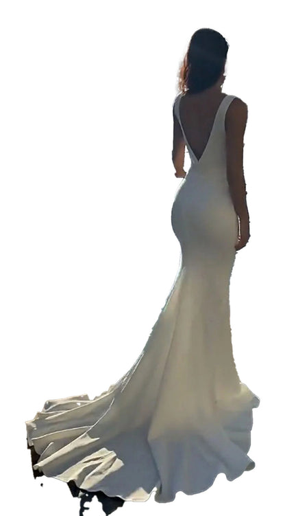 Elegant sexy v neck mermaid wedding dress with a stunning train and backless design