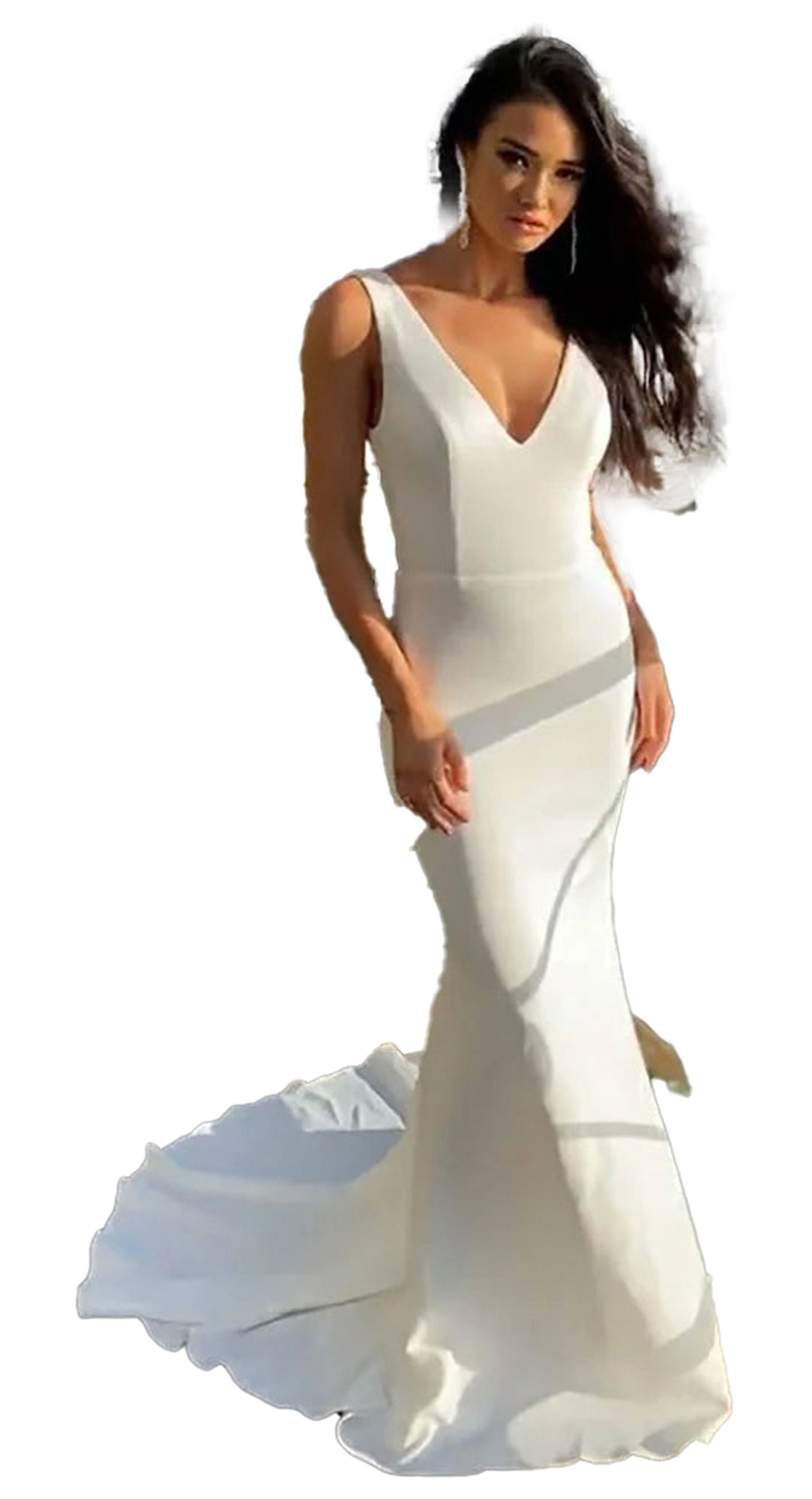 Elegant sexy v neck mermaid wedding dress by LuckeLadybug LLC with a fitted silhouette and flared hem