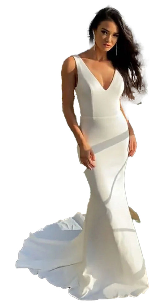 Elegant sexy v neck mermaid wedding dress by LuckeLadybug LLC with a fitted silhouette and flared hem