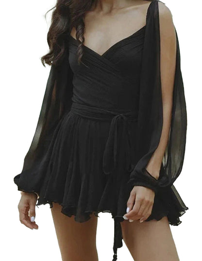 Sexy v-neck mini dress by LuckeLadybug LLC with flowing sleeves and a playful hemline