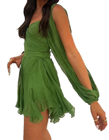 LuckeLadybug LLC sexy v-neck mini dress in green with flowing sleeves and a flared hem