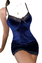 LuckeLadybug sexy velvet lace nightdress in deep navy blue with delicate lace trim