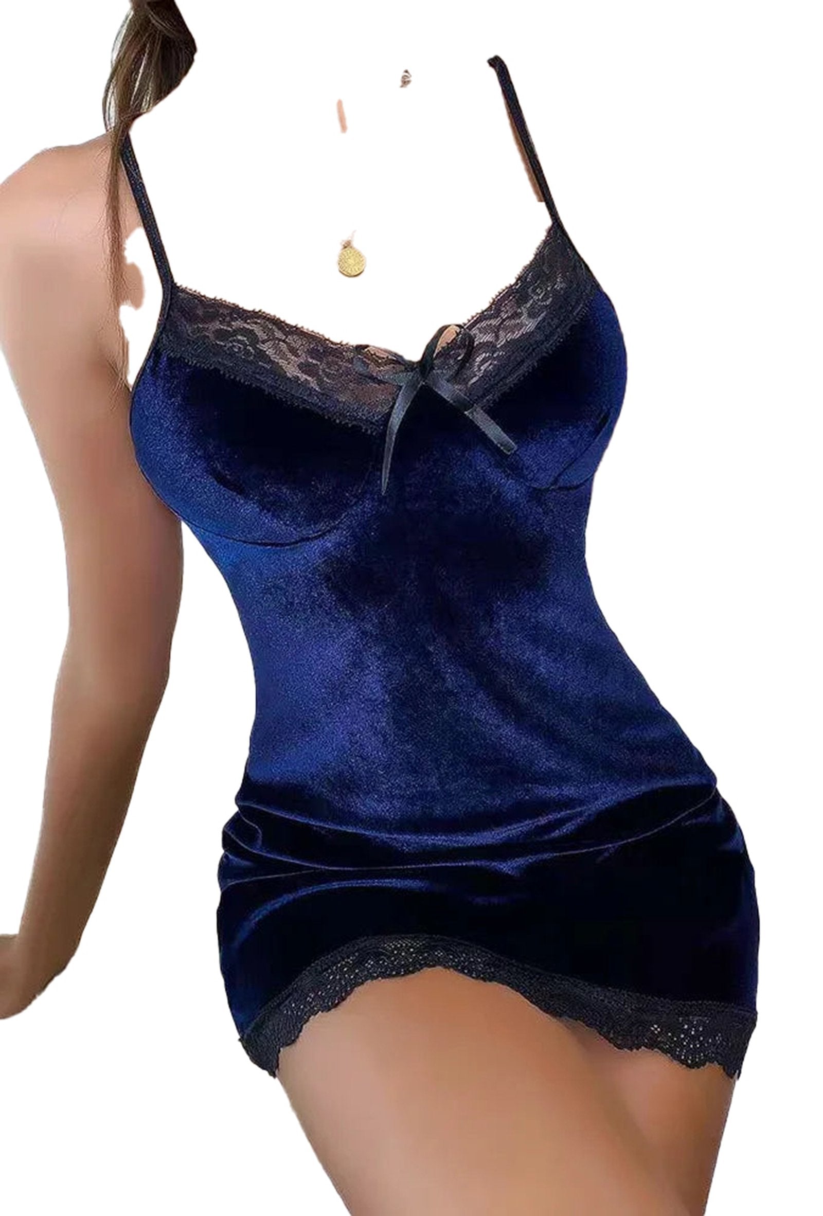 LuckeLadybug sexy velvet lace nightdress in deep navy blue with delicate lace trim