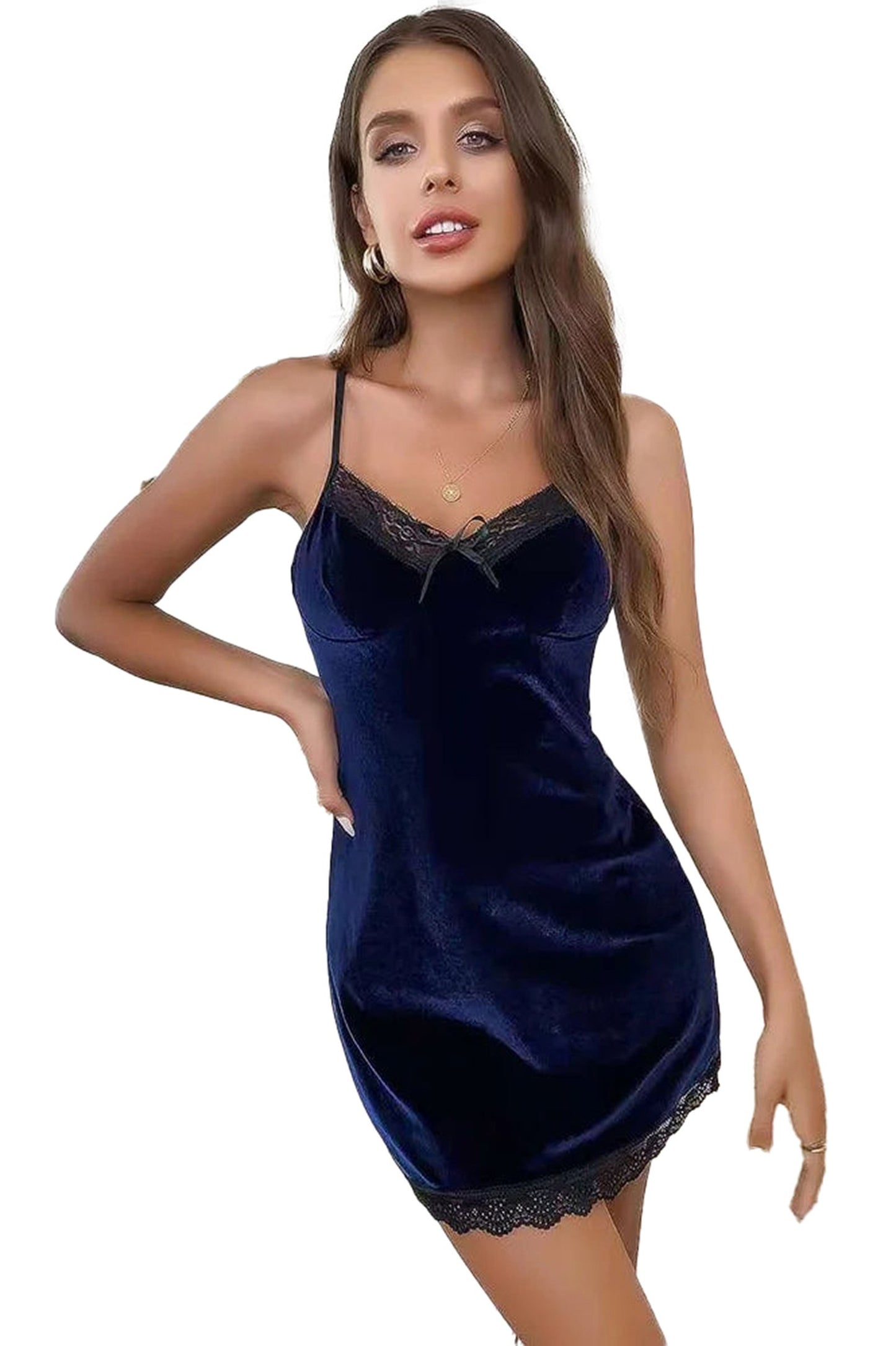 Sexy velvet lace nightdress in deep blue with delicate lace trim and adjustable straps